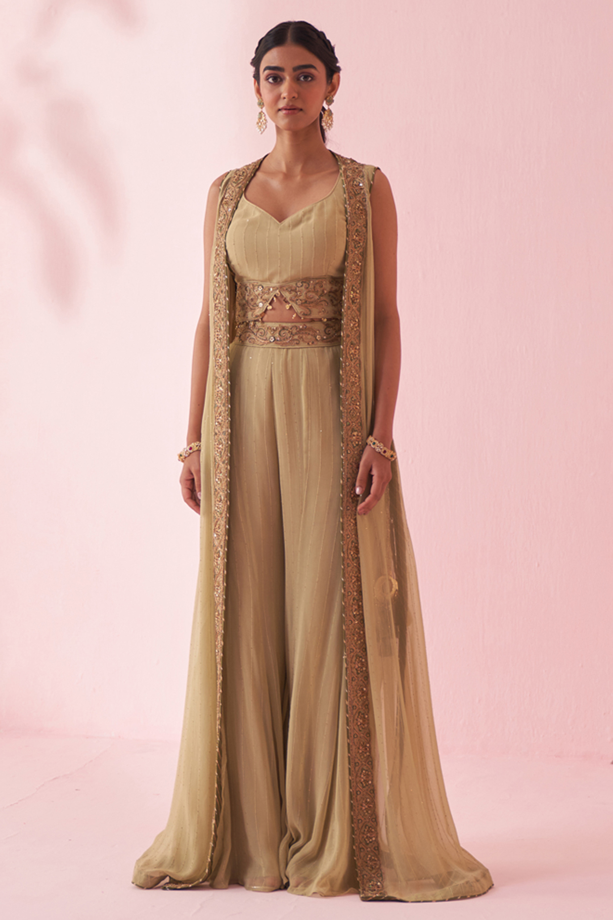 Green Georgette Hand & Machine Embroidered Cape Set by Studio Bagechaa at Pernia's Pop Up Shop