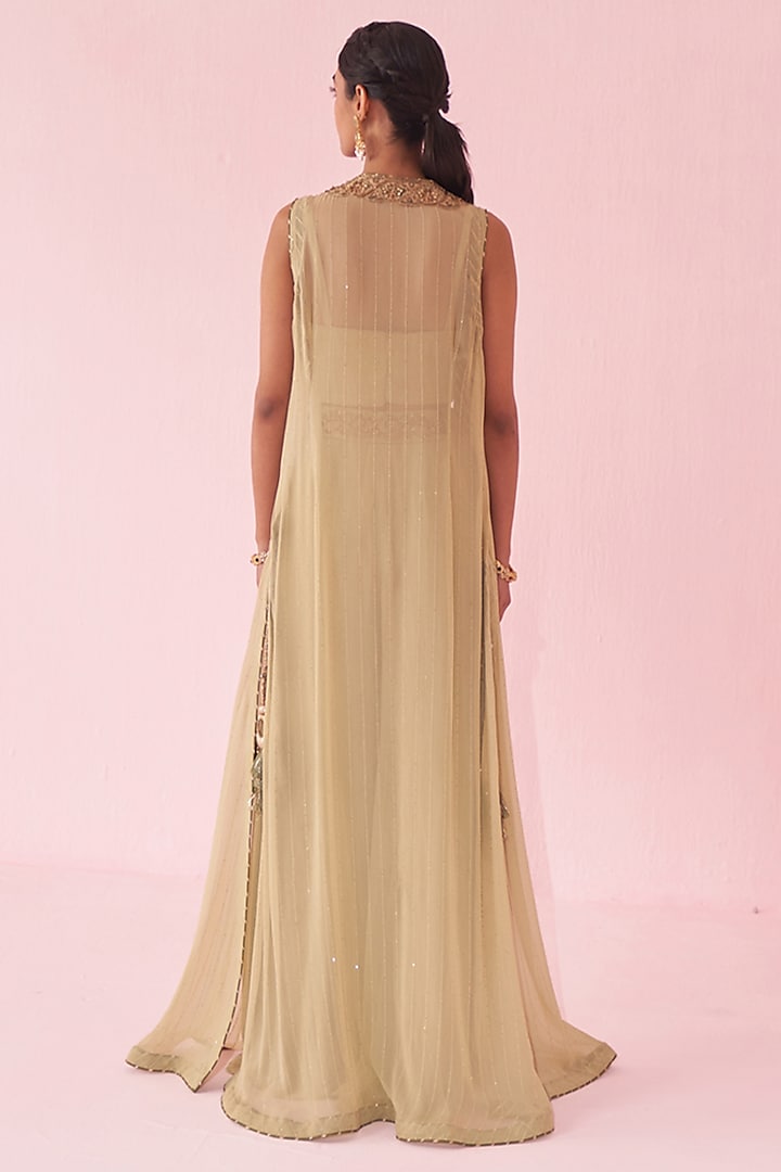 Green Georgette Hand & Machine Embroidered Cape Set by Studio Bagechaa at Pernia's Pop Up Shop