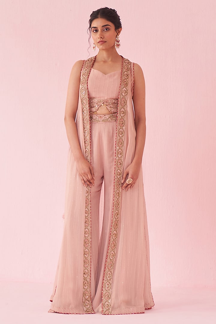 Blush Pink Georgette Hand & Machine Embroidered Cape Set by Studio Bagechaa at Pernia's Pop Up Shop