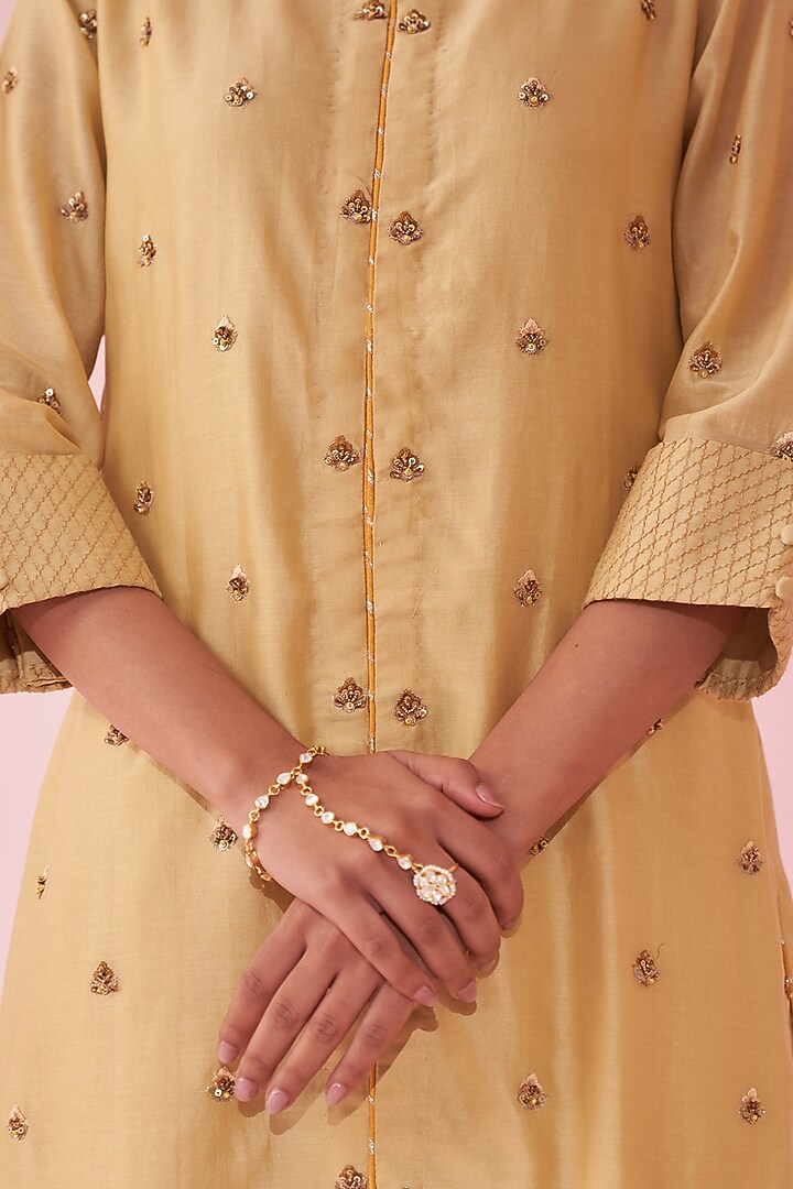 Yellow Chanderi Hand & Machine Embroidered Kurta Set by Studio Bagechaa at Pernia's Pop Up Shop