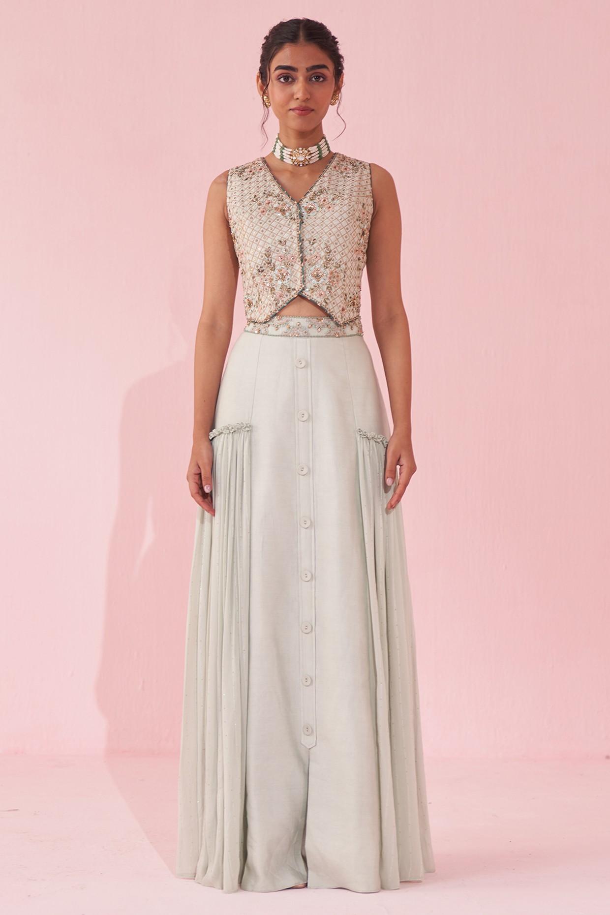 Pale Blue Georgette Sequin Skirt Set by Studio Bagechaa at Pernia's Pop Up Shop