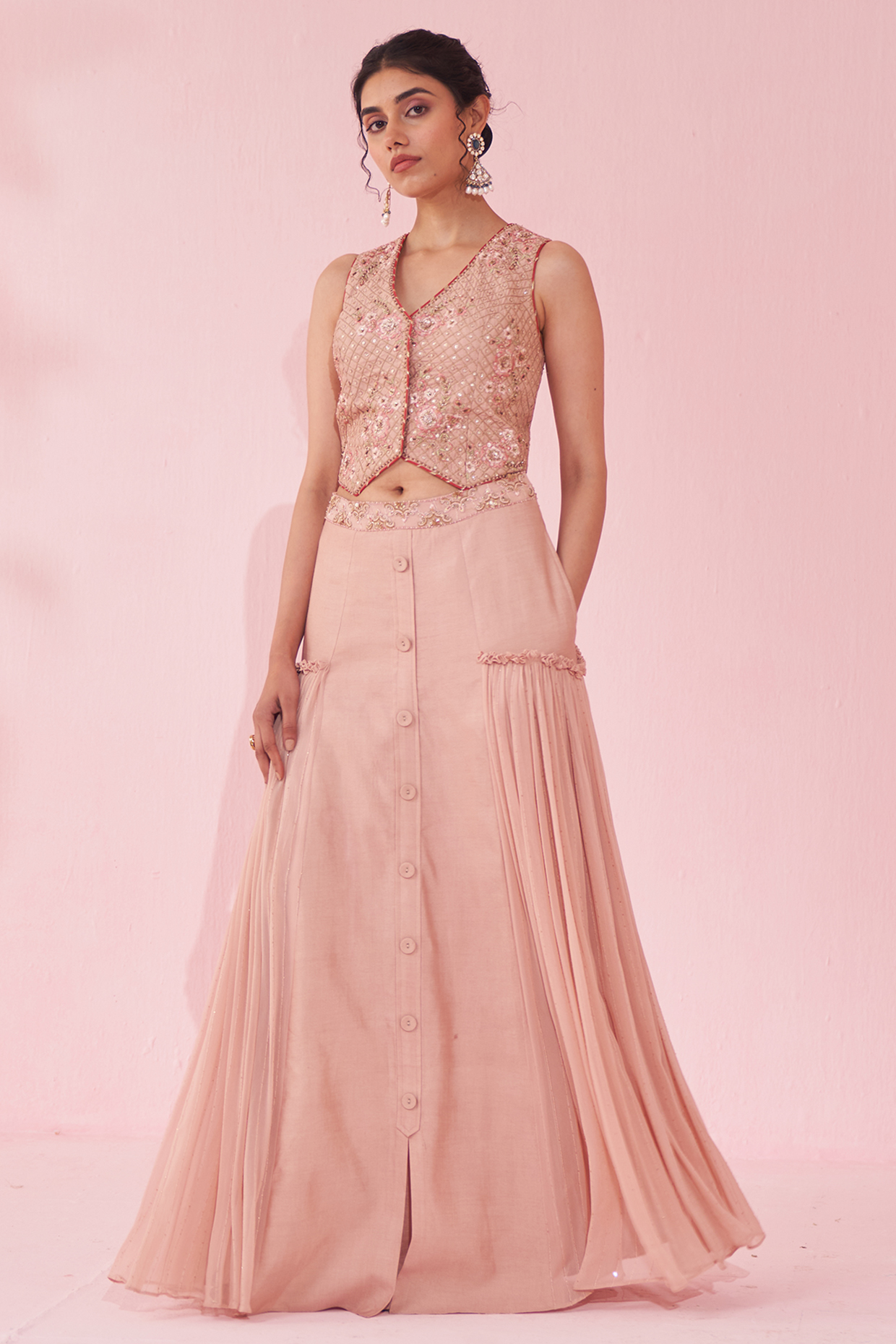 Blush Pink Georgette Sequin Skirt Set by Studio Bagechaa at Pernia's Pop Up Shop