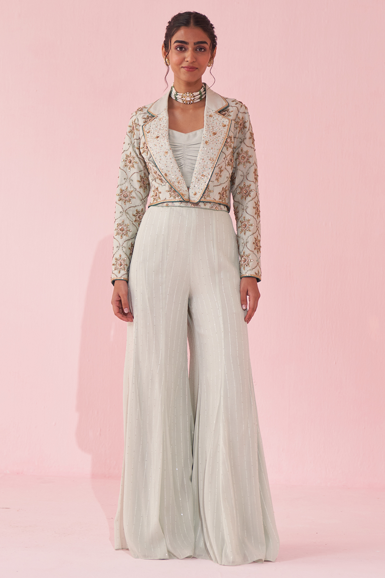 Pale Blue Georgette Sequin & Katan Wedding Sharara Set by Studio Bagechaa at Pernia's Pop Up Shop