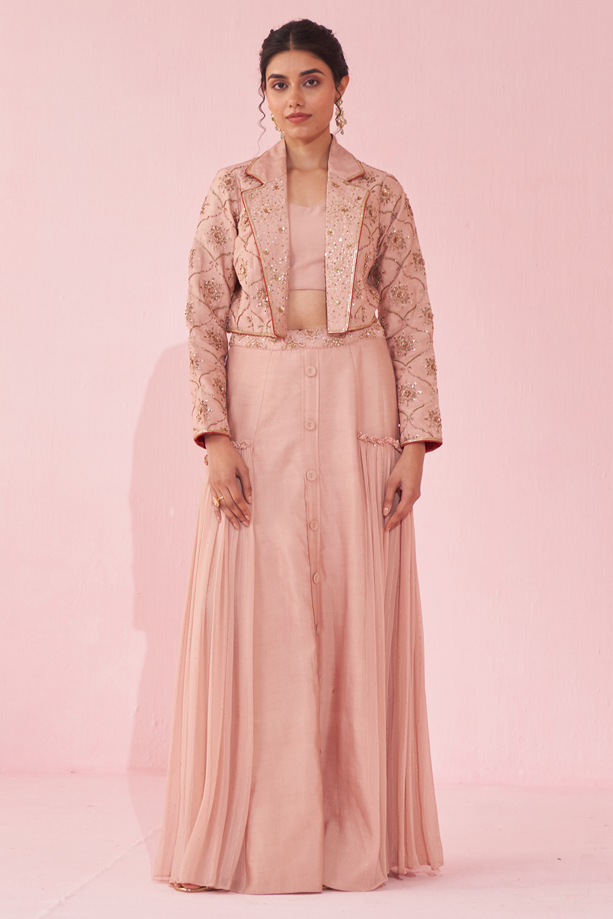 Blush Pink Georgette Sequin & Katan Skirt Set by Studio Bagechaa at Pernia's Pop Up Shop