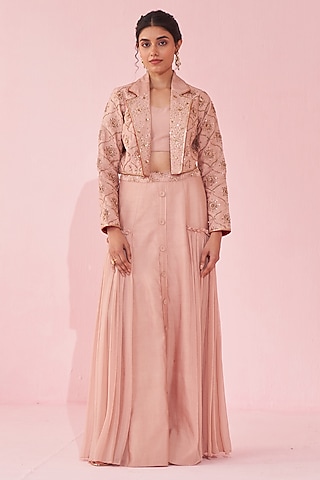 Blush Pink Georgette Sequin & Katan Skirt Set by Studio Bagechaa