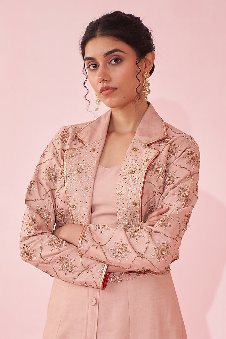 Blush Pink Georgette Sequin & Katan Skirt Set by Studio Bagechaa at Pernia's Pop Up Shop