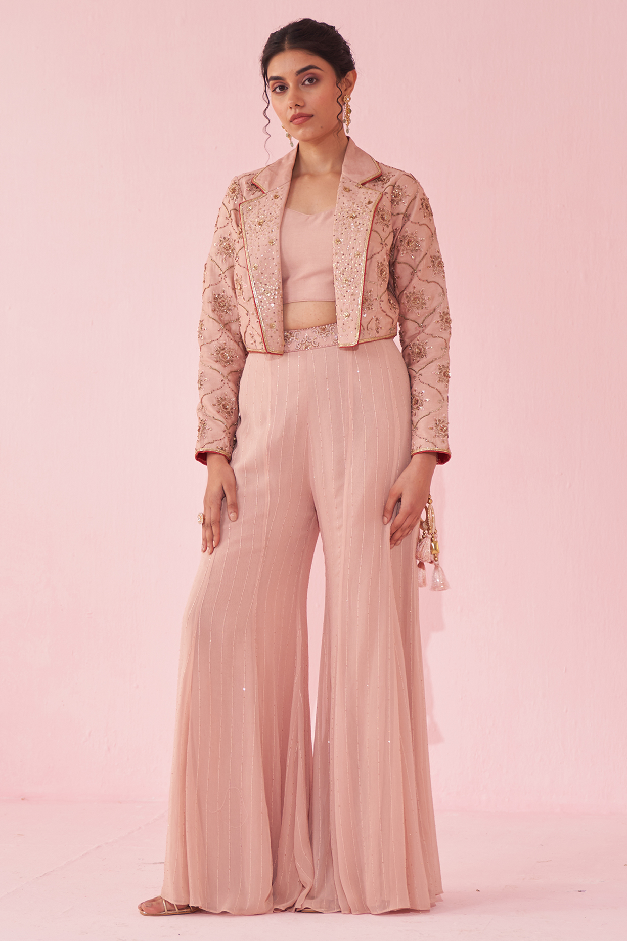 Blush Pink Georgette Sequin & Katan Wedding Sharara Set by Studio Bagechaa at Pernia's Pop Up Shop