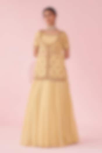 Yellow Chanderi & Organza Jacket Wedding Lehenga Set by Studio Bagechaa at Pernia's Pop Up Shop
