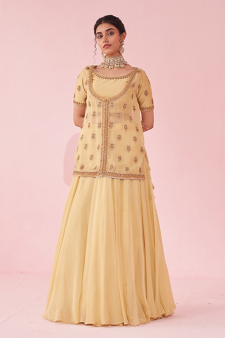 Yellow Chanderi & Organza Jacket Wedding Lehenga Set by Studio Bagechaa at Pernia's Pop Up Shop