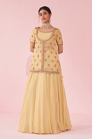 Yellow Chanderi & Organza Jacket Lehenga Set by Studio Bagechaa