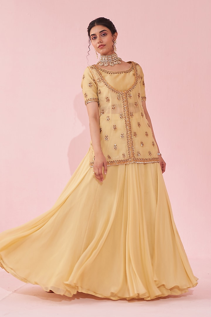 Yellow Chanderi & Organza Jacket Wedding Lehenga Set by Studio Bagechaa at Pernia's Pop Up Shop