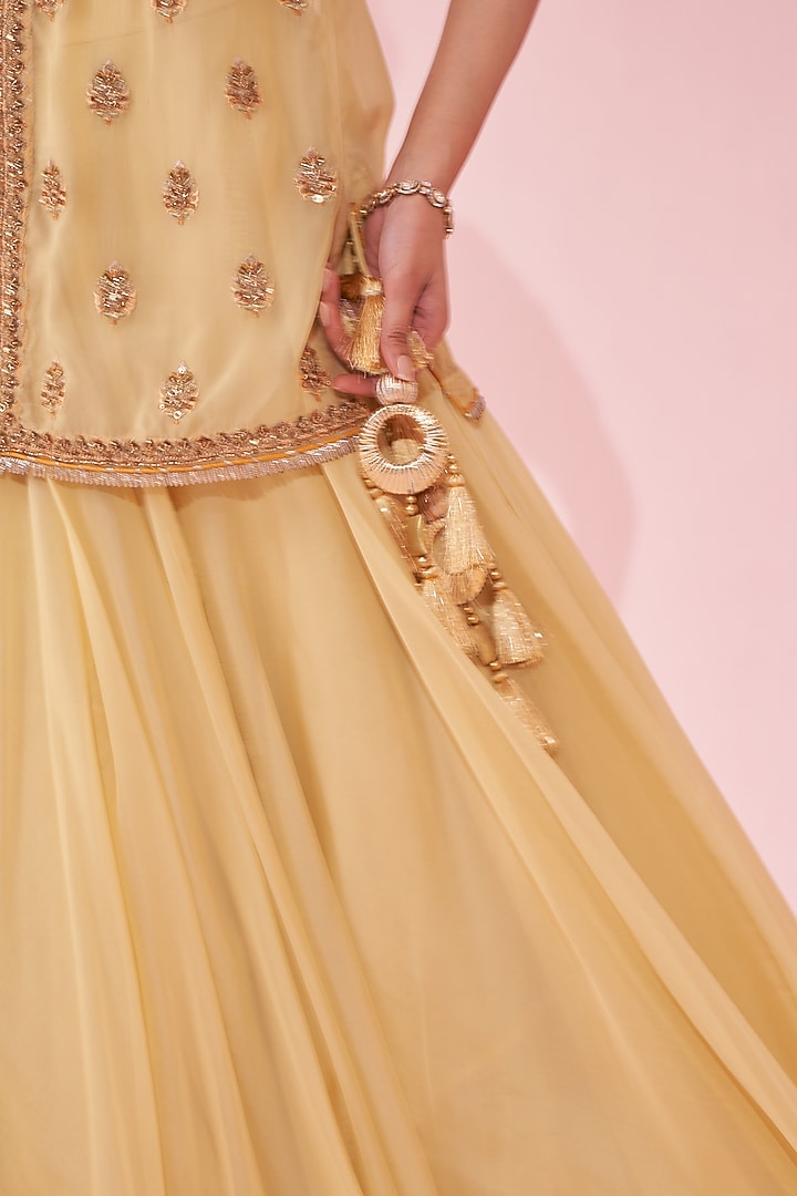 Yellow Chanderi & Organza Jacket Wedding Lehenga Set by Studio Bagechaa at Pernia's Pop Up Shop