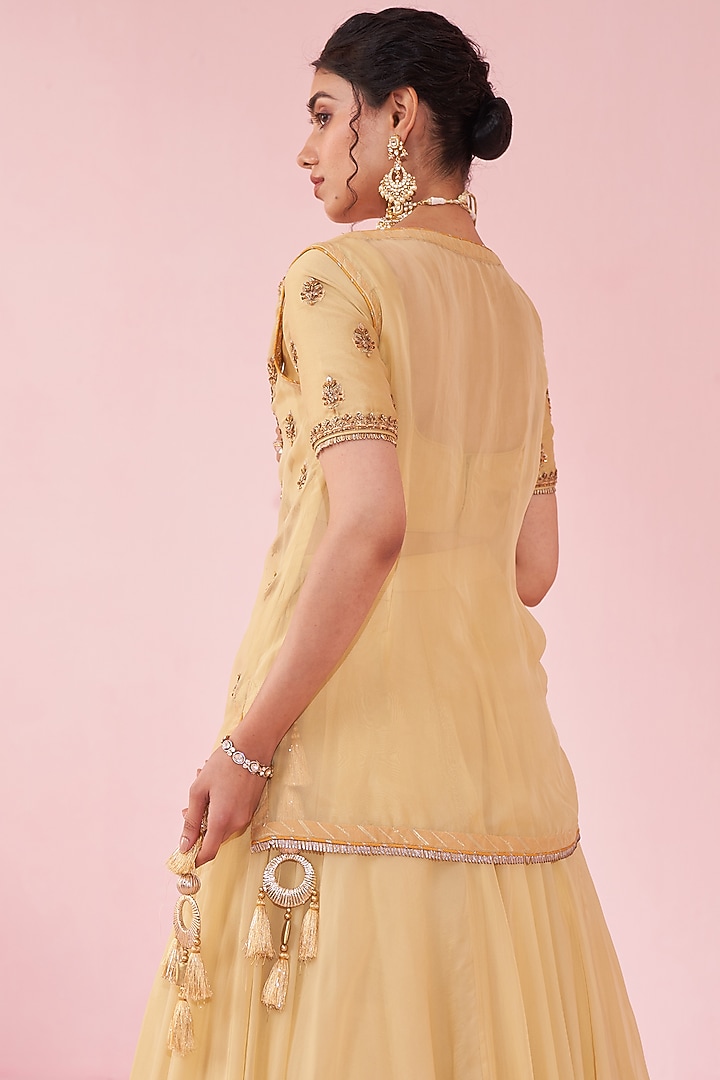 Yellow Chanderi & Organza Jacket Wedding Lehenga Set by Studio Bagechaa at Pernia's Pop Up Shop