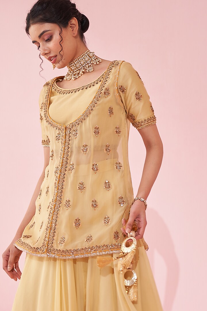 Yellow Chanderi & Organza Jacket Wedding Lehenga Set by Studio Bagechaa at Pernia's Pop Up Shop