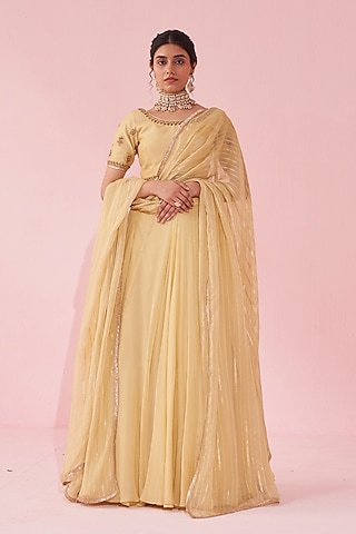 Yellow Chanderi & Organza Lehenga Set by Studio Bagechaa