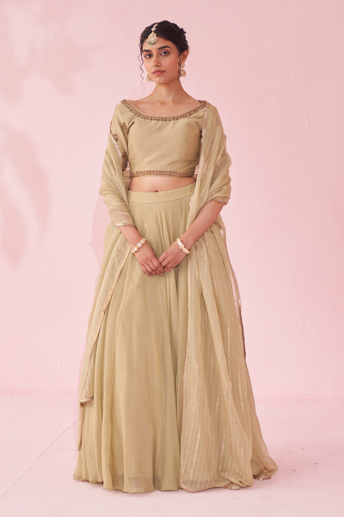 Green Chanderi & Organza Lehenga Set by Studio Bagechaa at Pernia's Pop Up Shop