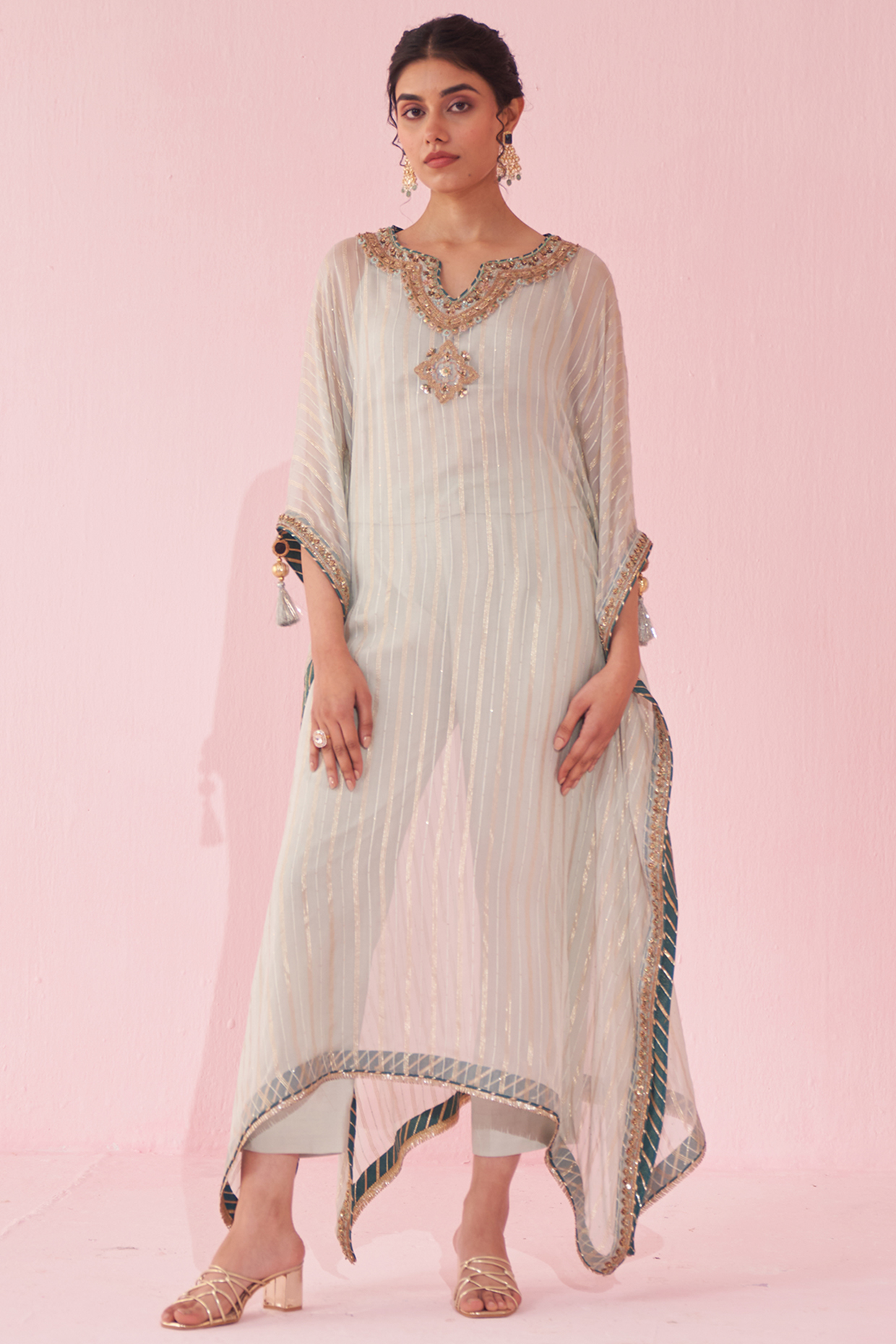 Pale Blue Organza Hand & Machine Embroidered Kaftan Set  by Studio Bagechaa at Pernia's Pop Up Shop