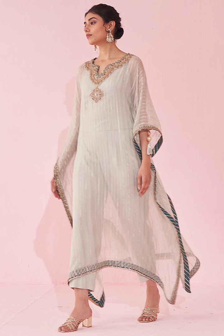 Pale Blue Organza Hand & Machine Embroidered Kaftan Set by Studio Bagechaa at Pernia's Pop Up Shop