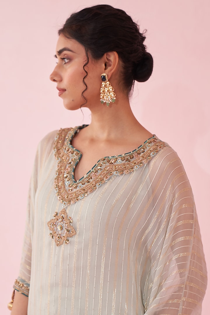 Pale Blue Organza Hand & Machine Embroidered Kaftan Set by Studio Bagechaa at Pernia's Pop Up Shop