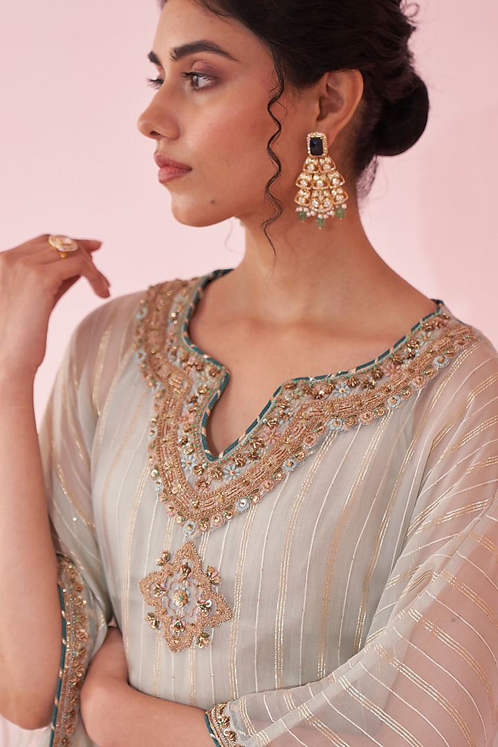 Pale Blue Organza Hand & Machine Embroidered Kaftan Set by Studio Bagechaa at Pernia's Pop Up Shop