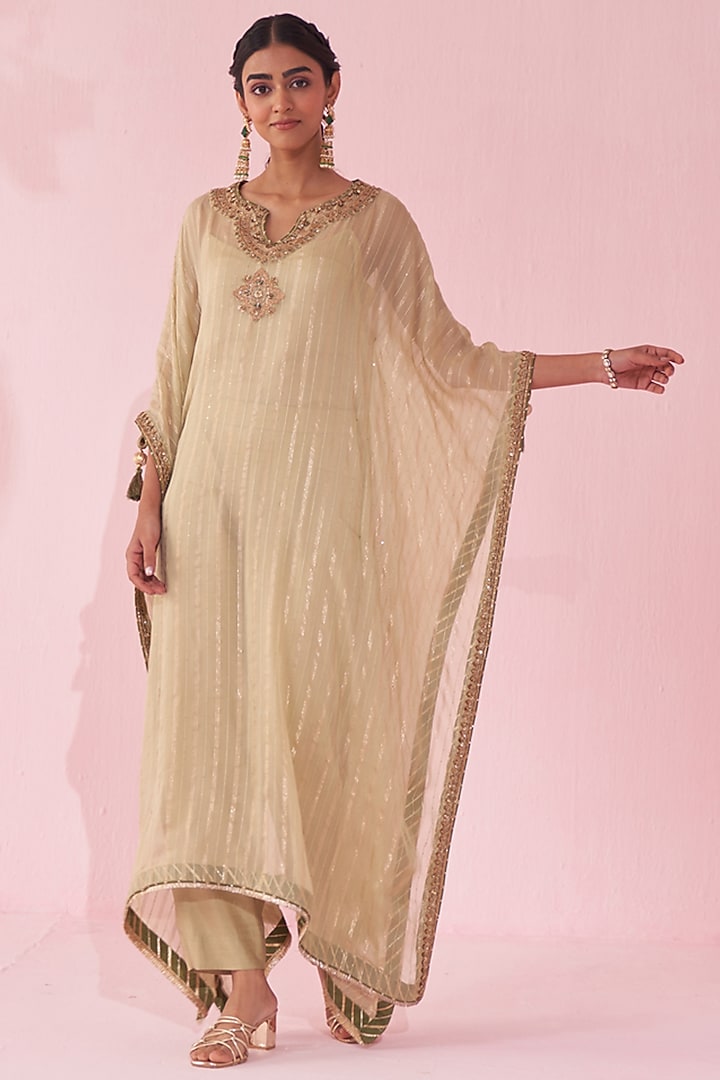 Green Organza Hand & Machine Embroidered Kaftan Set by Studio Bagechaa at Pernia's Pop Up Shop