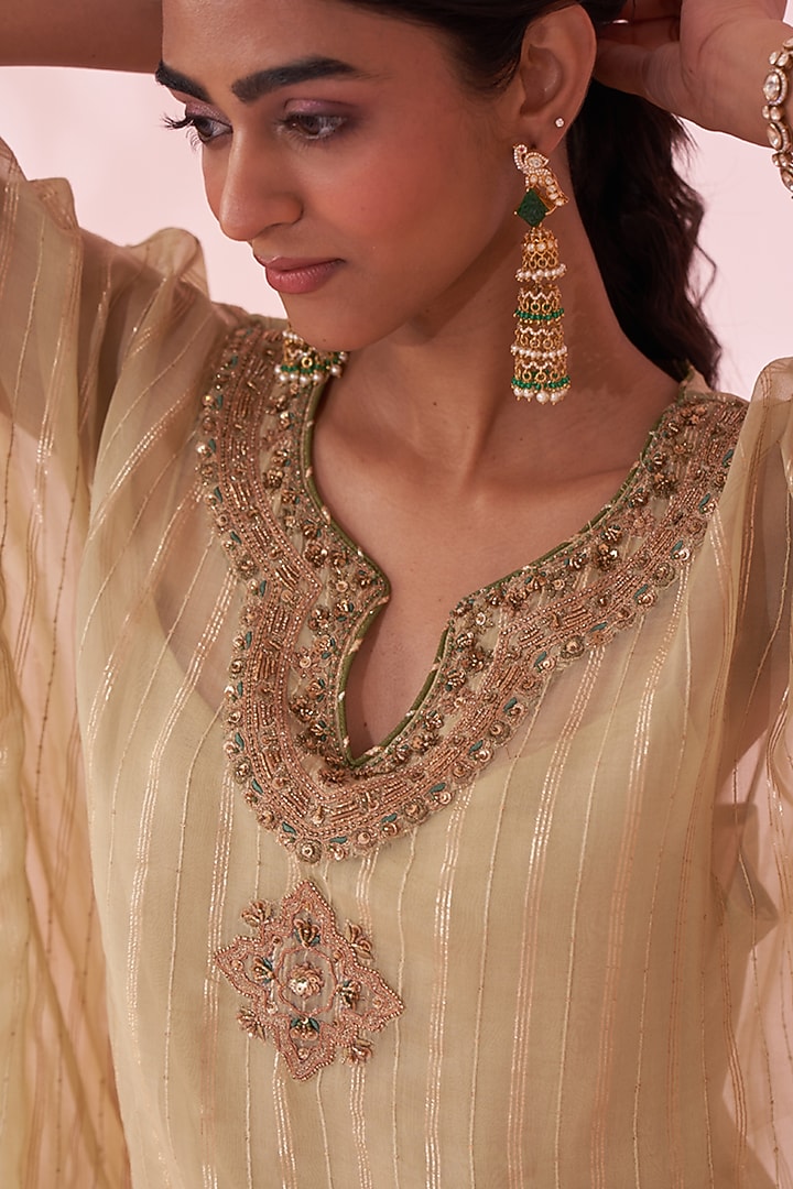 Green Organza Hand & Machine Embroidered Kaftan Set by Studio Bagechaa at Pernia's Pop Up Shop