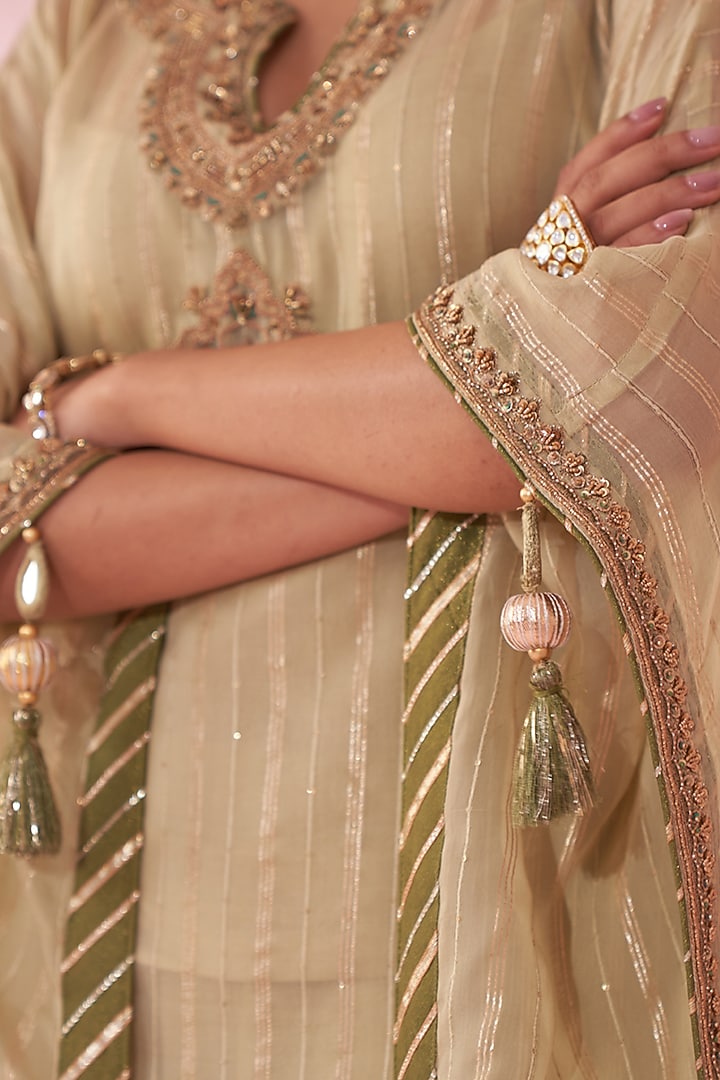 Green Organza Hand & Machine Embroidered Kaftan Set by Studio Bagechaa at Pernia's Pop Up Shop
