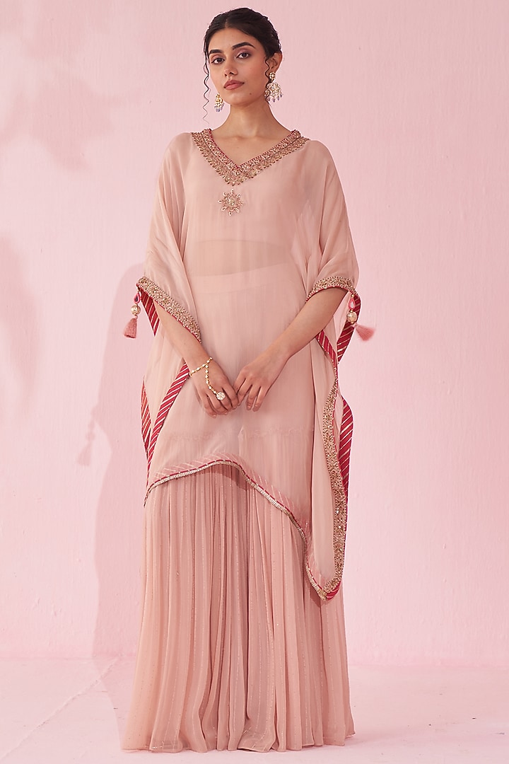 Blush Pink Organza Hand & Machine Embroidered Kaftan Set  by Studio Bagechaa at Pernia's Pop Up Shop