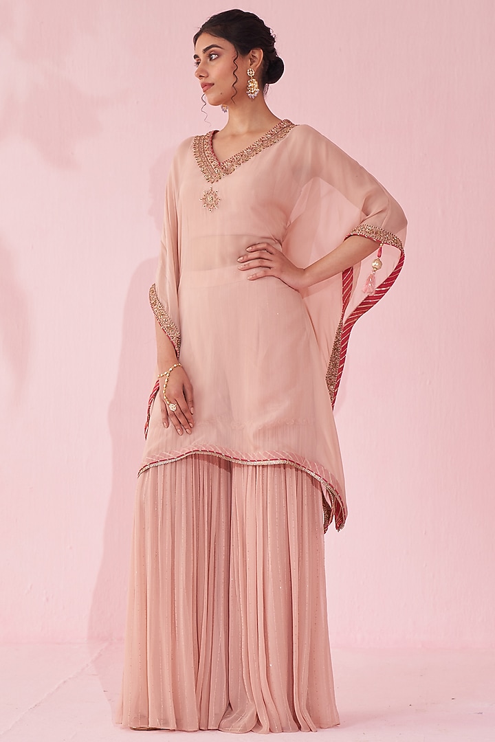 Blush Pink Organza Hand & Machine Embroidered Kaftan Set by Studio Bagechaa at Pernia's Pop Up Shop
