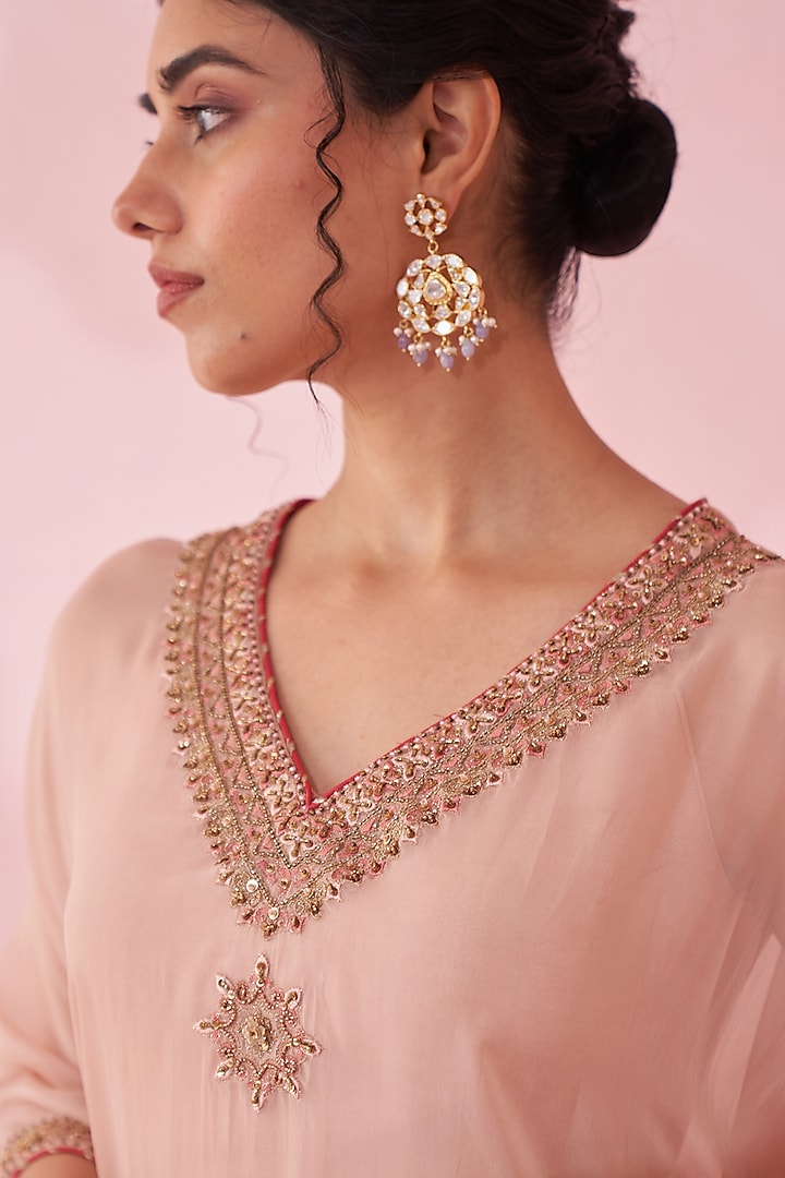 Blush Pink Organza Hand & Machine Embroidered Kaftan Set by Studio Bagechaa at Pernia's Pop Up Shop