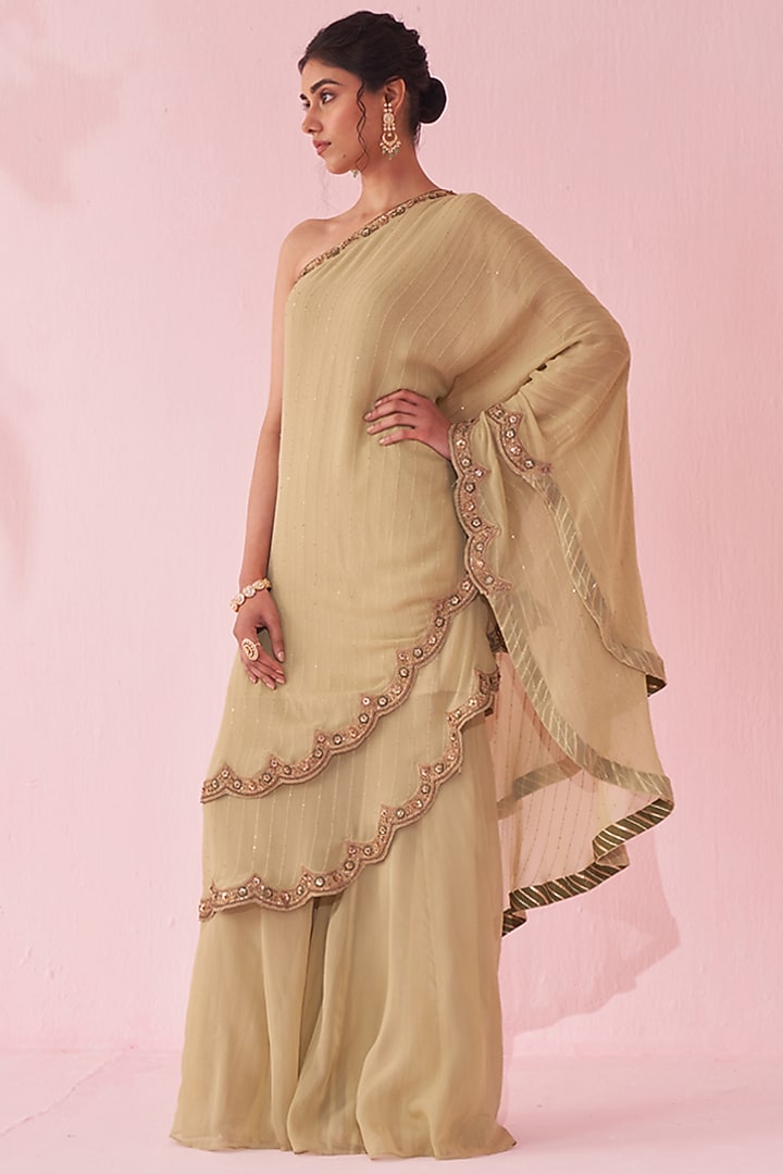 Green Georgette Sequin & Organza Party Wear Sharara Set by Studio Bagechaa at Pernia's Pop Up Shop