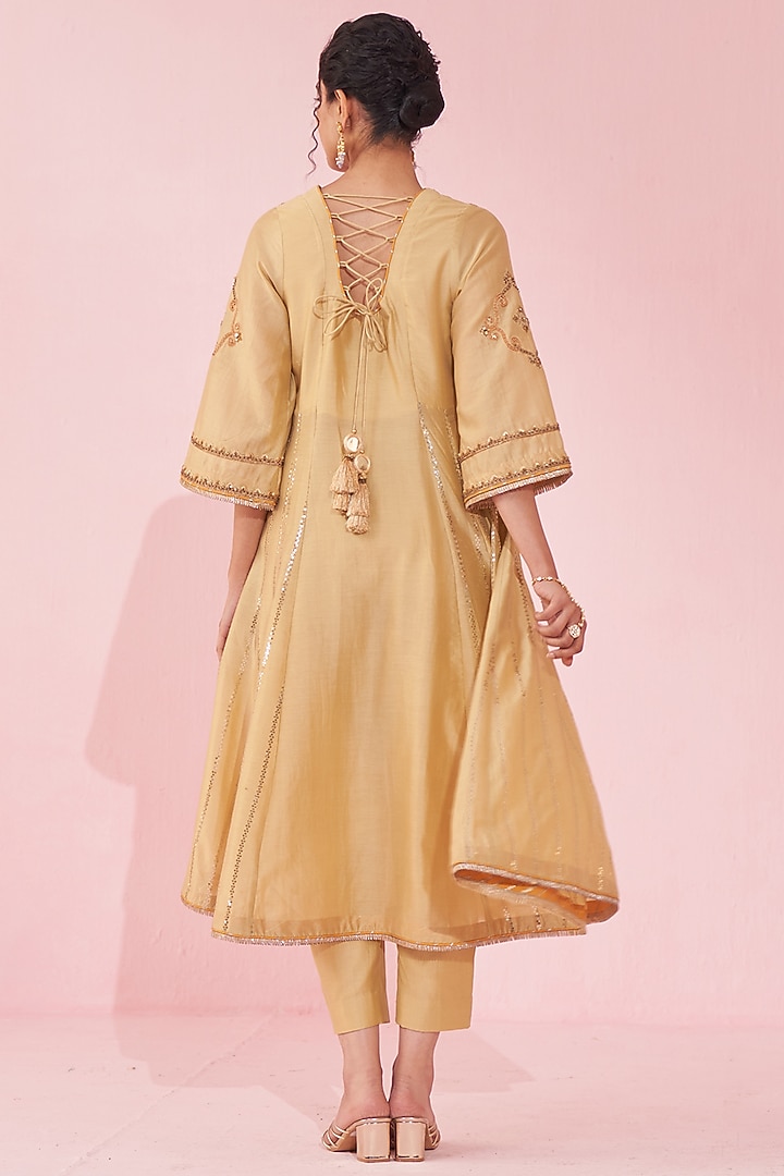 Yellow Chanderi & Organza Lurex Embroidered Party Wear Anarkali Set by Studio Bagechaa at Pernia's Pop Up Shop