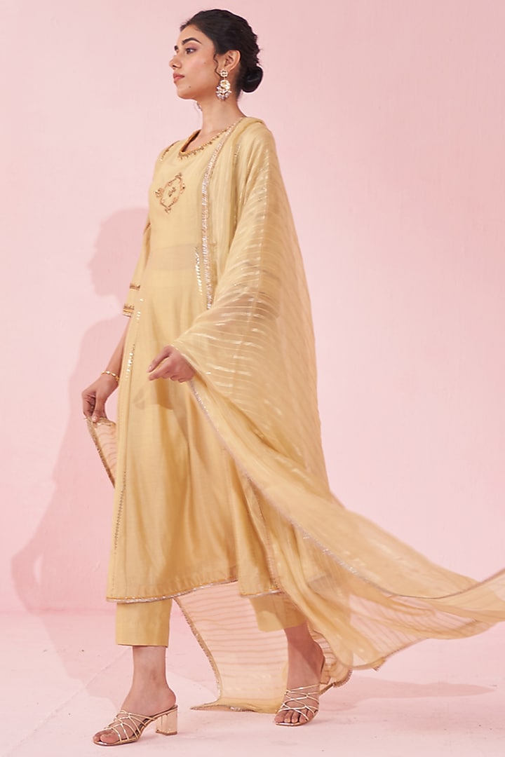 Yellow Chanderi & Organza Lurex Embroidered Party Wear Anarkali Set by Studio Bagechaa at Pernia's Pop Up Shop