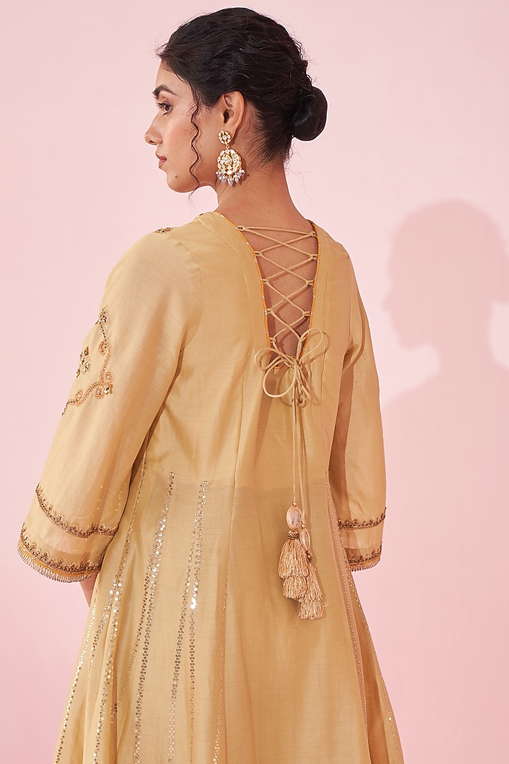 Yellow Chanderi & Organza Lurex Embroidered Party Wear Anarkali Set by Studio Bagechaa at Pernia's Pop Up Shop