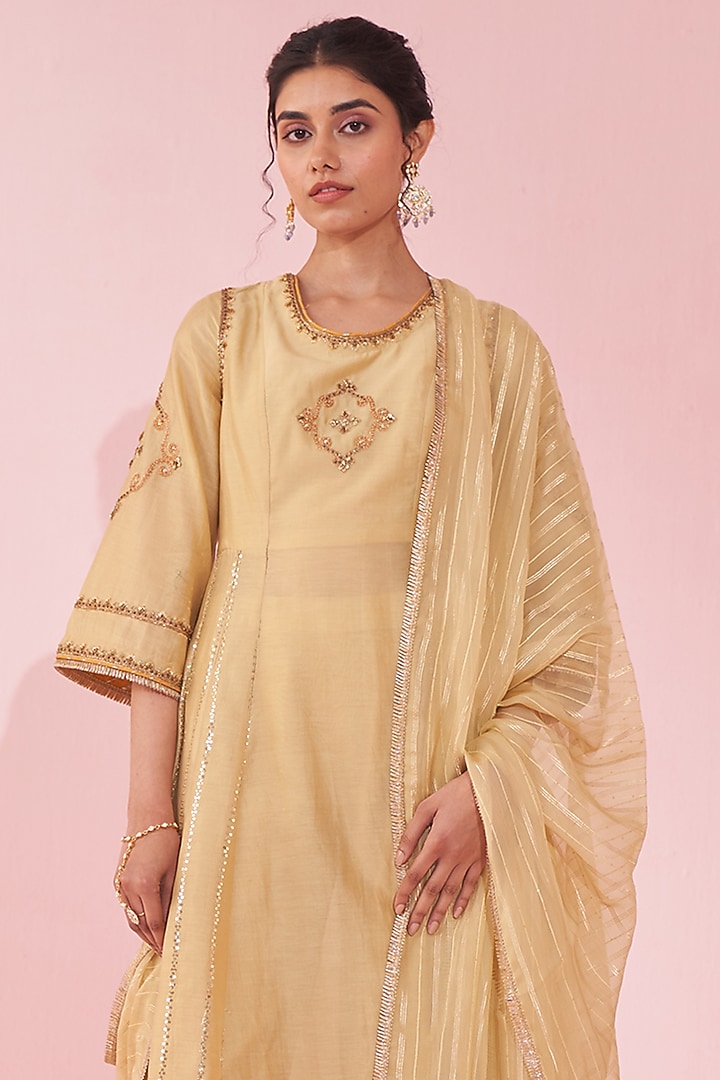 Yellow Chanderi & Organza Lurex Embroidered Party Wear Anarkali Set by Studio Bagechaa at Pernia's Pop Up Shop