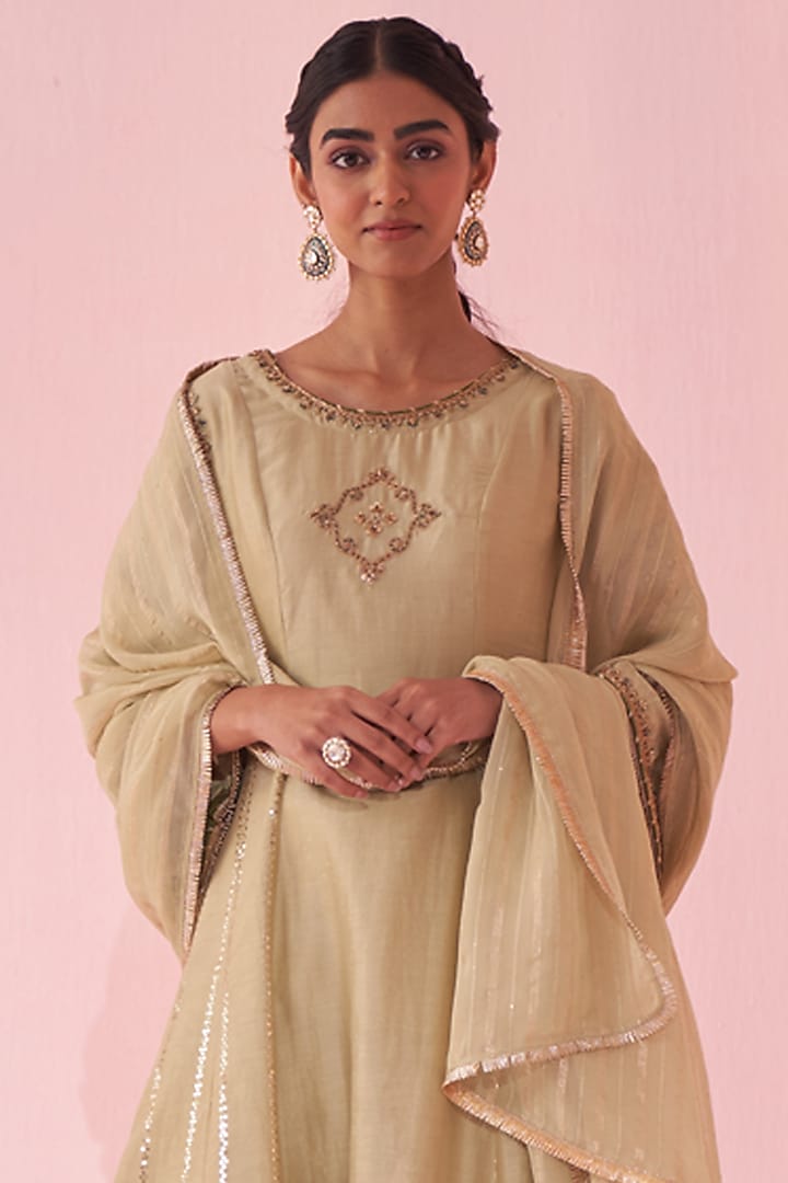 Yellow Chanderi & Organza Lurex Embroidered Party Wear Anarkali Set by Studio Bagechaa at Pernia's Pop Up Shop