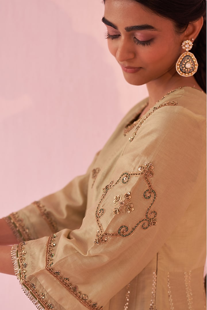 Yellow Chanderi & Organza Lurex Embroidered Party Wear Anarkali Set by Studio Bagechaa at Pernia's Pop Up Shop
