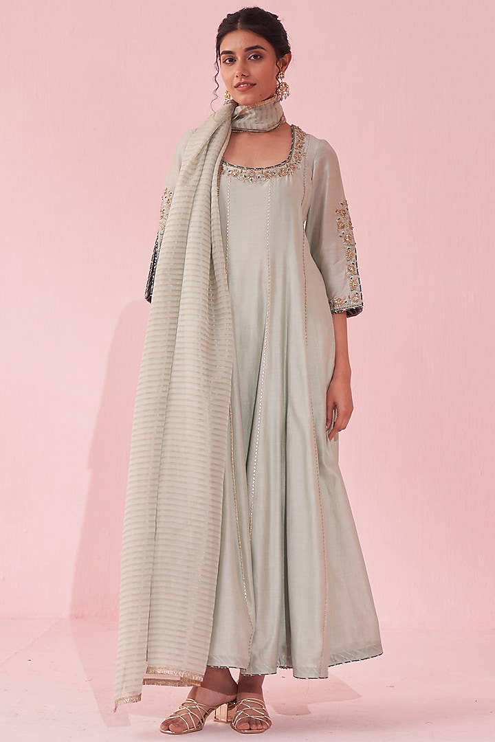 Pale Blue Chanderi & Organza Embroidered Wedding Anarkali Set by Studio Bagechaa at Pernia's Pop Up Shop