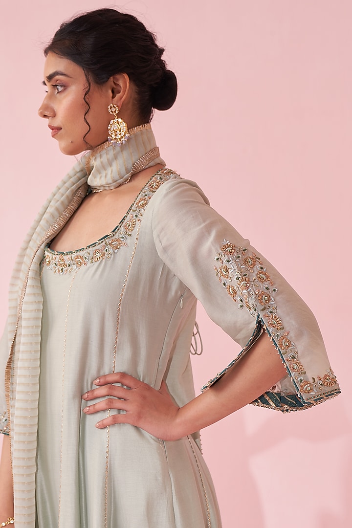 Pale Blue Chanderi & Organza Embroidered Wedding Anarkali Set by Studio Bagechaa at Pernia's Pop Up Shop