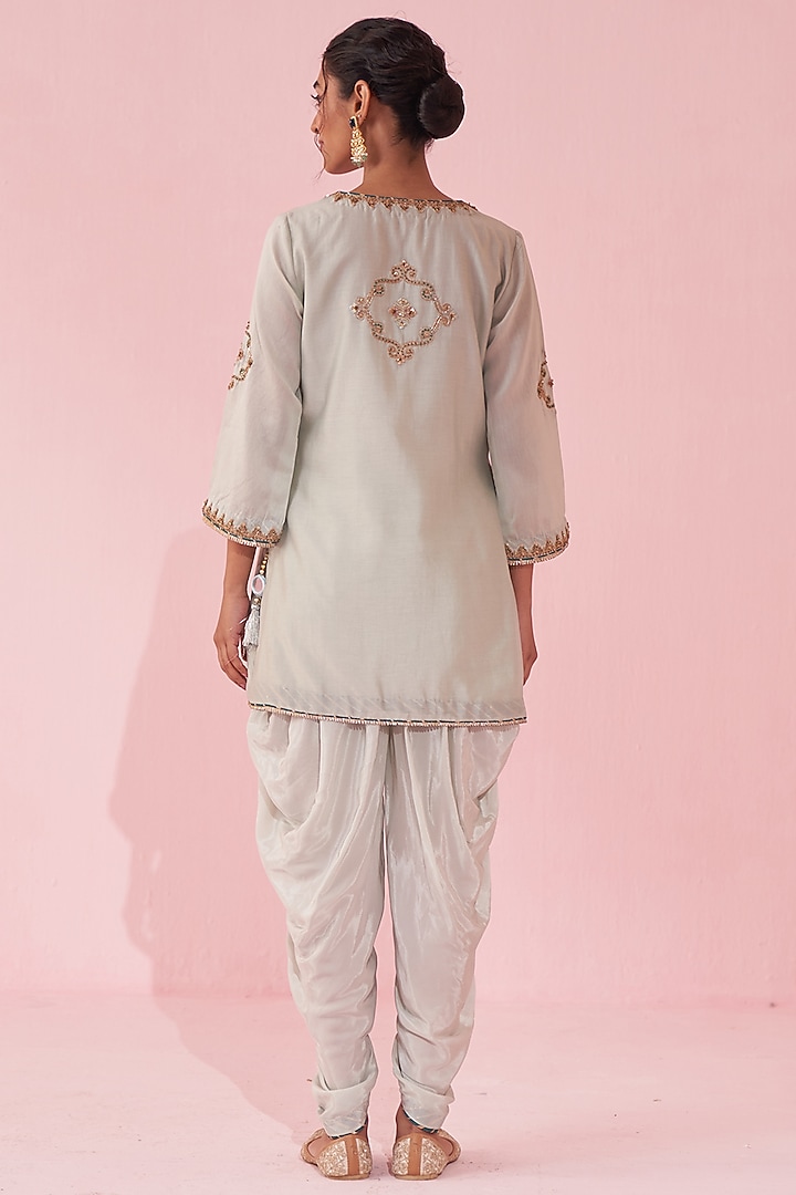 Pale Blue Chanderi & Crepe Embroidered Kurta Set by Studio Bagechaa at Pernia's Pop Up Shop