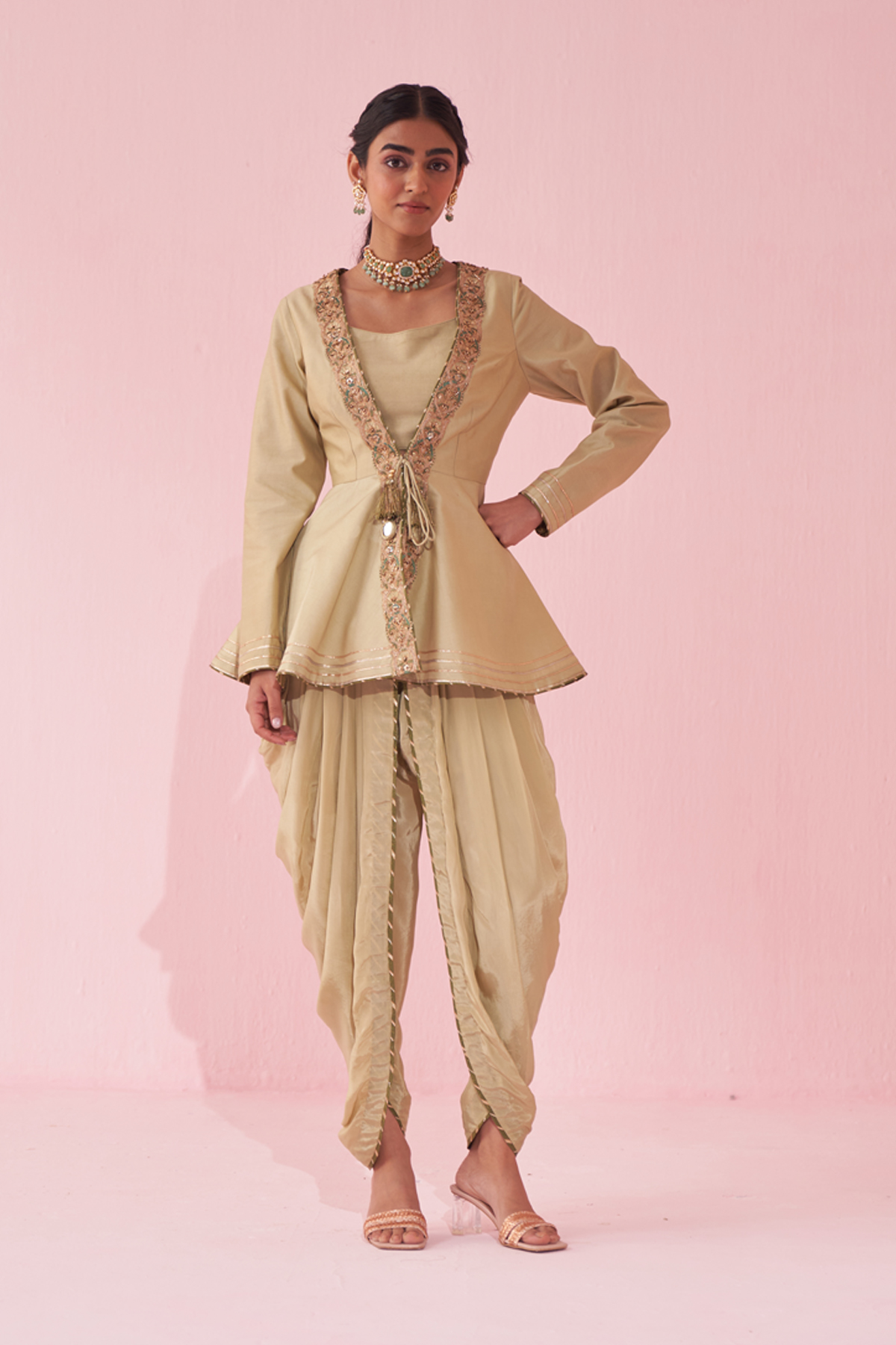 Green Chanderi & Katan Embroidered Kurta Set by Studio Bagechaa at Pernia's Pop Up Shop
