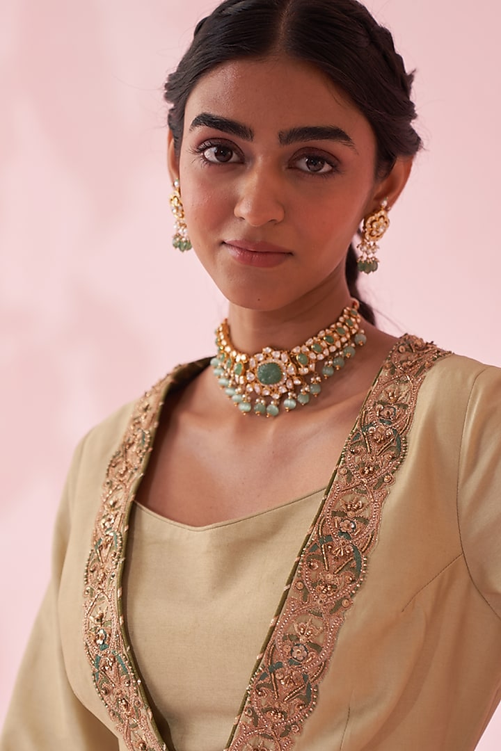 Green Chanderi & Katan Embroidered Kurta Set by Studio Bagechaa at Pernia's Pop Up Shop