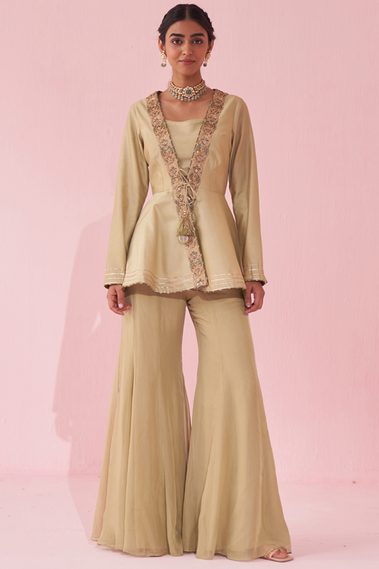 Green Chanderi & Katan Party Wear Sharara Set by Studio Bagechaa at Pernia's Pop Up Shop