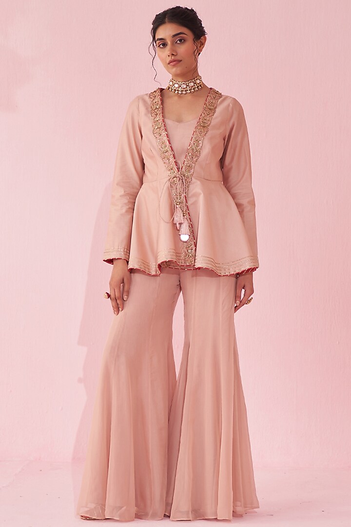 Blush Pink Katan & Chanderi Party Wear Sharara Set by Studio Bagechaa at Pernia's Pop Up Shop
