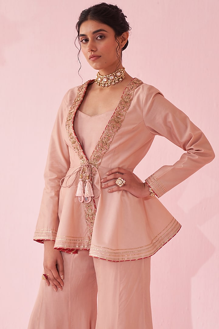 Blush Pink Katan & Chanderi Wedding Sharara Set by Studio Bagechaa at Pernia's Pop Up Shop