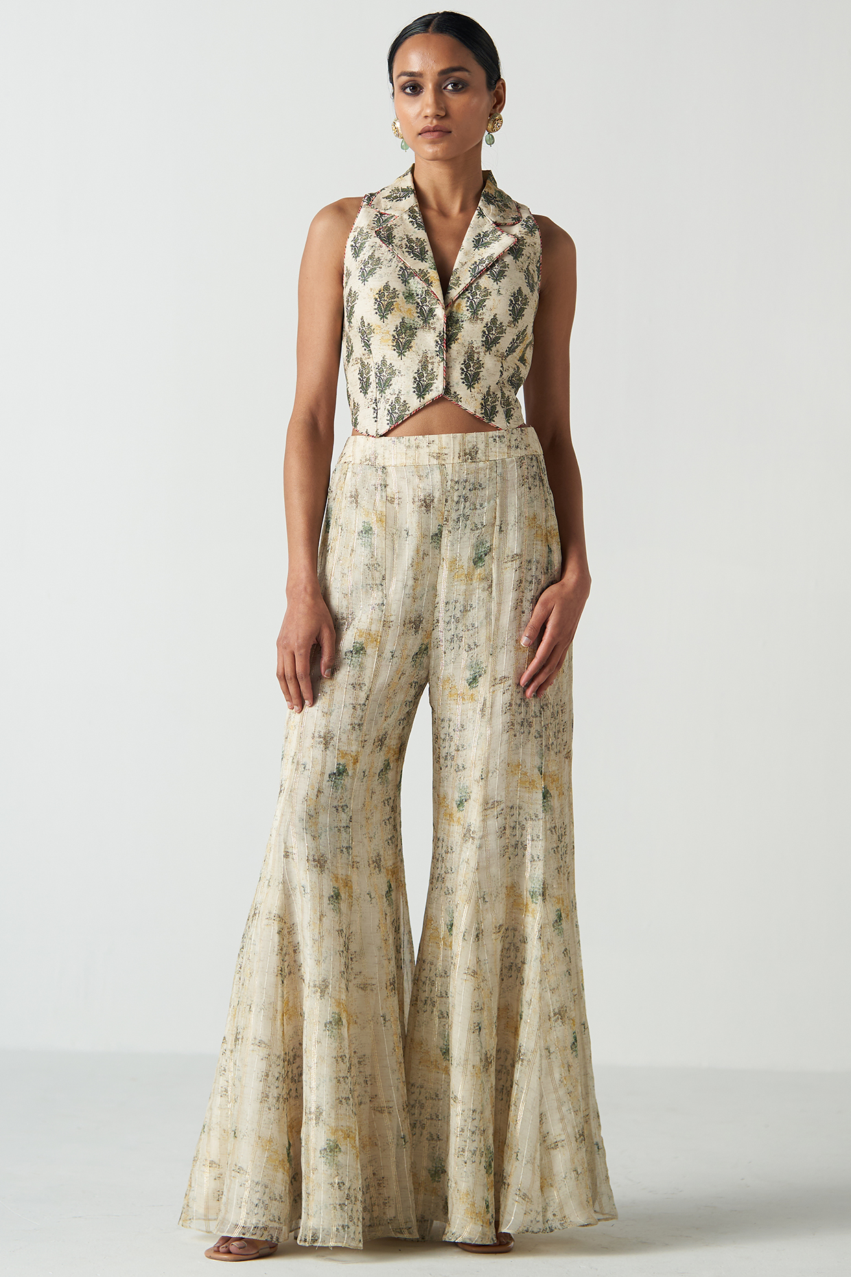Green Chanderi Screen Printed Party Wear Sharara Set by Studio Bagechaa at Pernia's Pop Up Shop