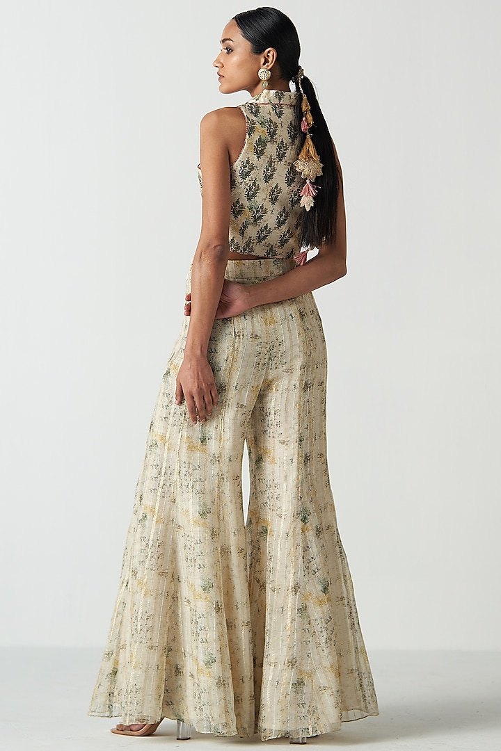 Green Chanderi Screen Printed Party Wear Sharara Set by Studio Bagechaa at Pernia's Pop Up Shop