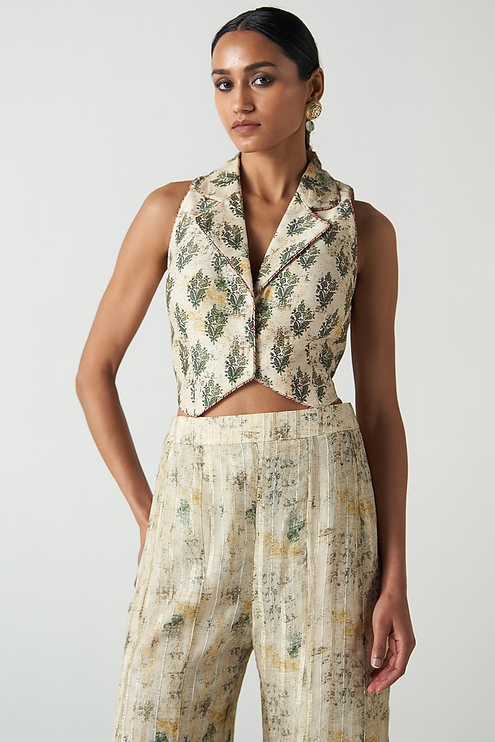 Green Chanderi Screen Printed Party Wear Sharara Set by Studio Bagechaa at Pernia's Pop Up Shop