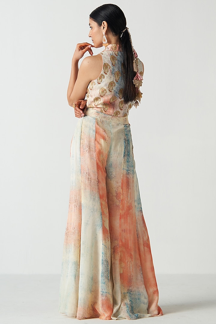 Peach Chanderi Screen Printed Party Wear Sharara Set by Studio Bagechaa at Pernia's Pop Up Shop