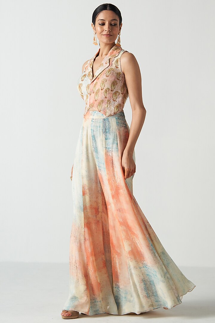 Peach Chanderi Screen Printed Party Wear Sharara Set by Studio Bagechaa at Pernia's Pop Up Shop